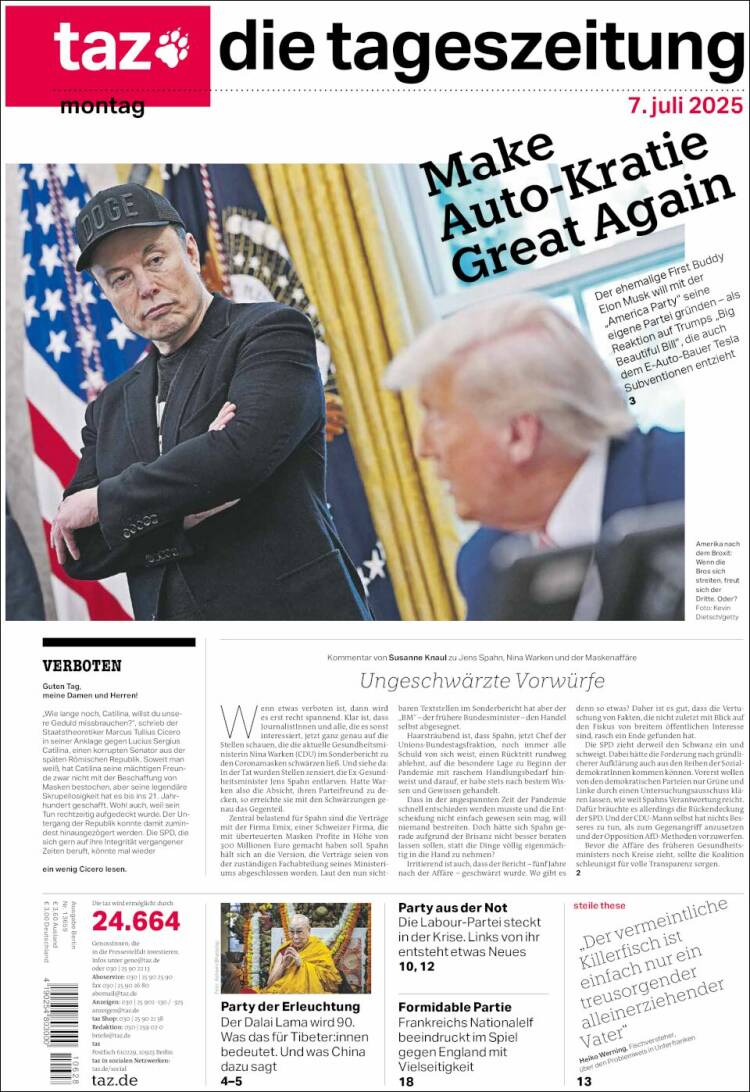 Portada de Die Tageszeitung (Germany)