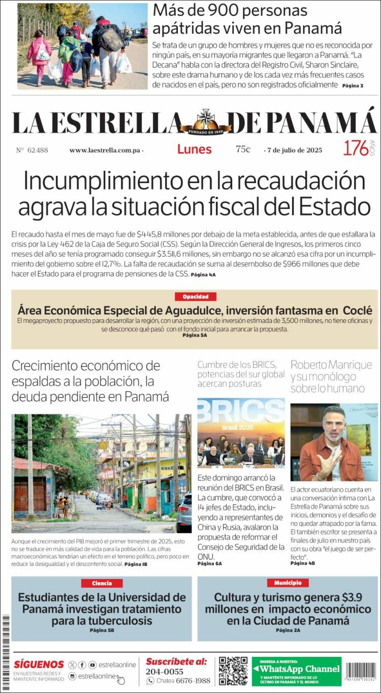 Portada de La Estrella de Panamá (Panamá)