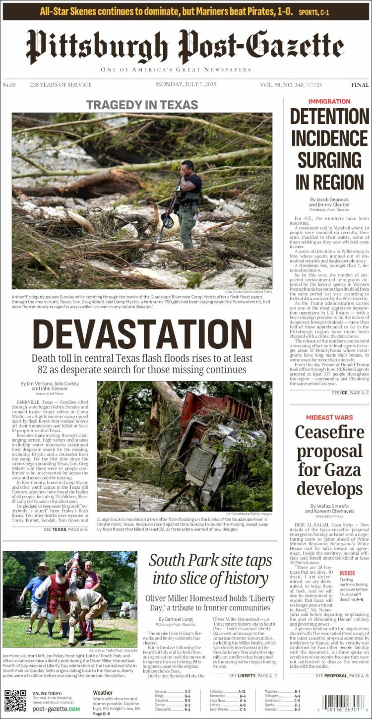 Portada de Pittsburgh Post-Gazette (USA)