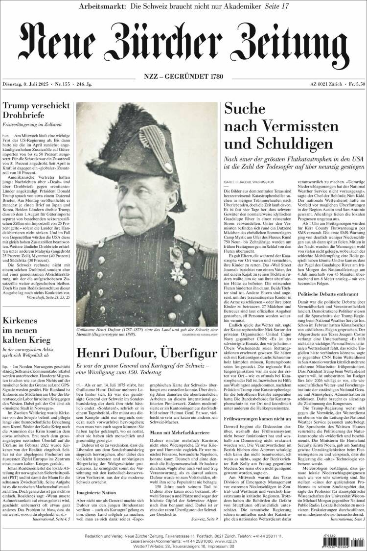 Portada de Neue Zürcher Zeitung (Suiza)
