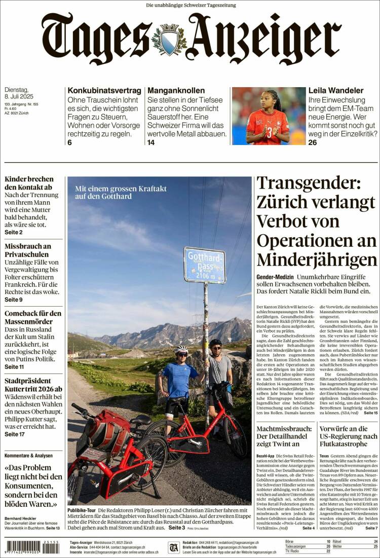 Portada de Tages-Anzeiger (Suiza)