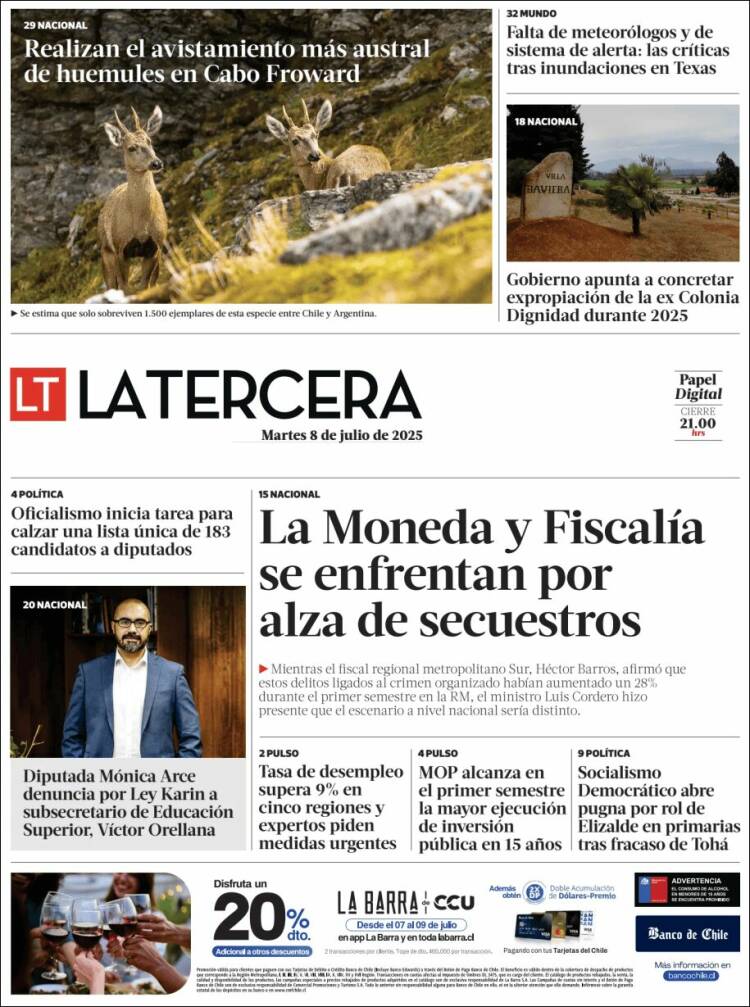 Portada de La Tercera (Chili)