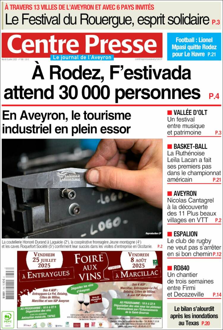 Portada de Centre Presse (Francia)