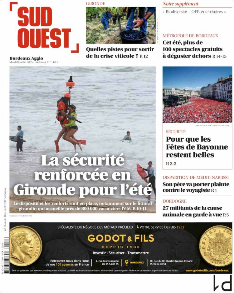 Portada de Sud Ouest (Francia)