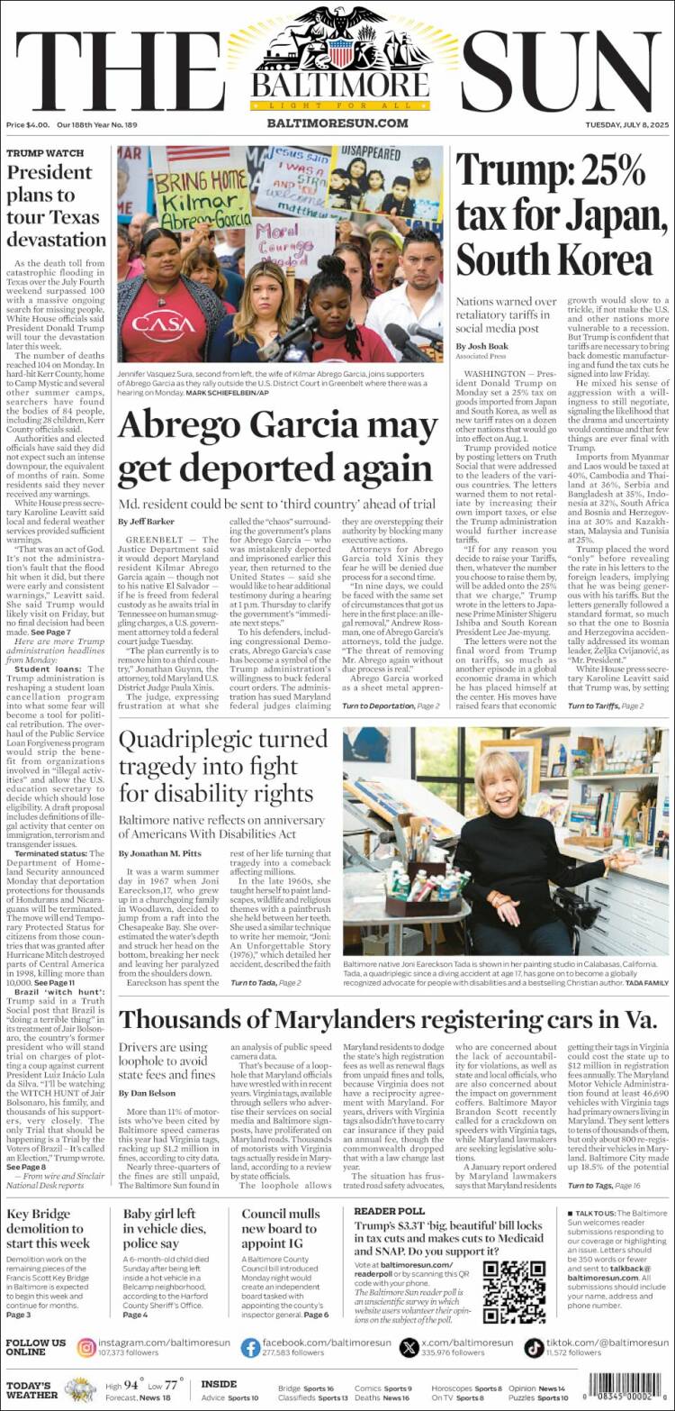 Portada de The Baltimore Sun (USA)