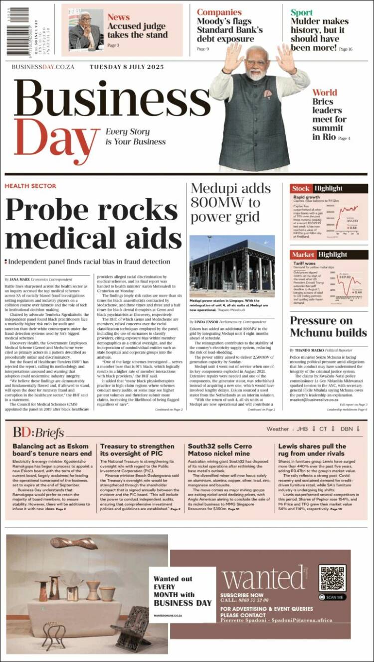 Portada de Business Day (Sudáfrica)
