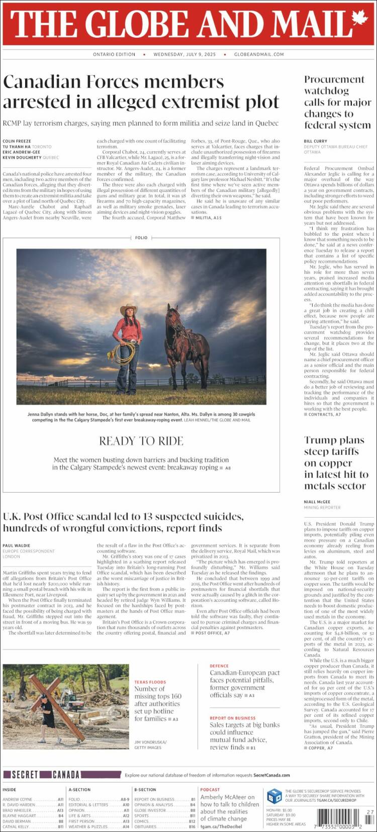 Portada de The Globe and Mail (Canadá)