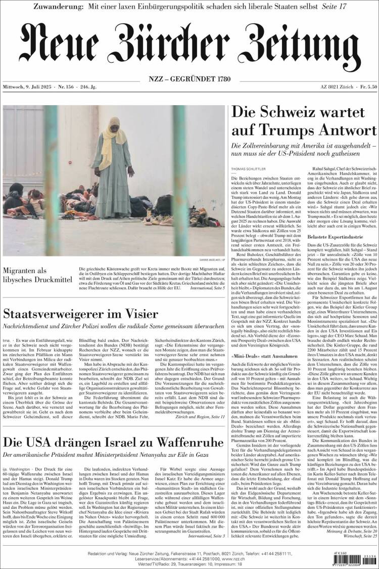 Portada de Neue Zürcher Zeitung (Suiza)