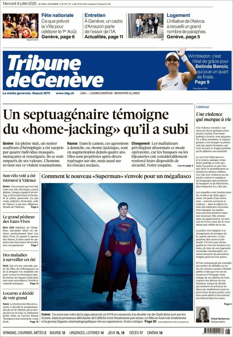 Portada de La Tribune de Genève (Suiza)