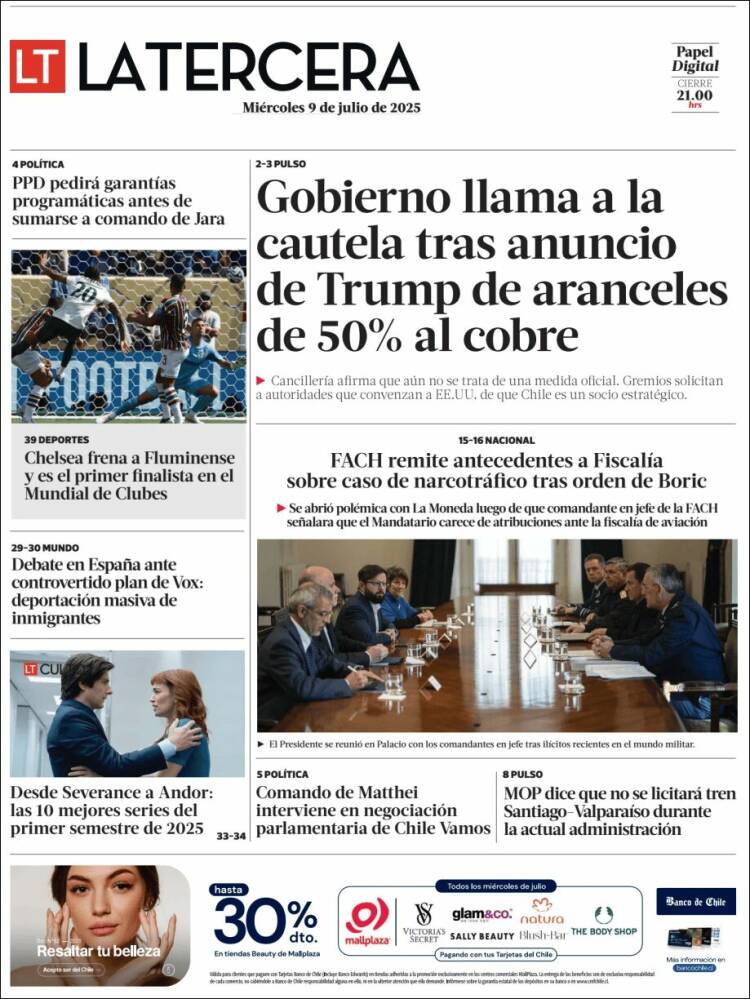 Portada de La Tercera (Chili)