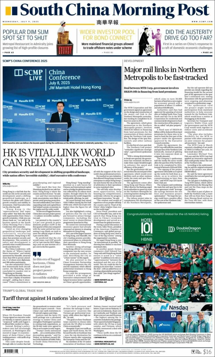 Portada de South China Morning Post (China)