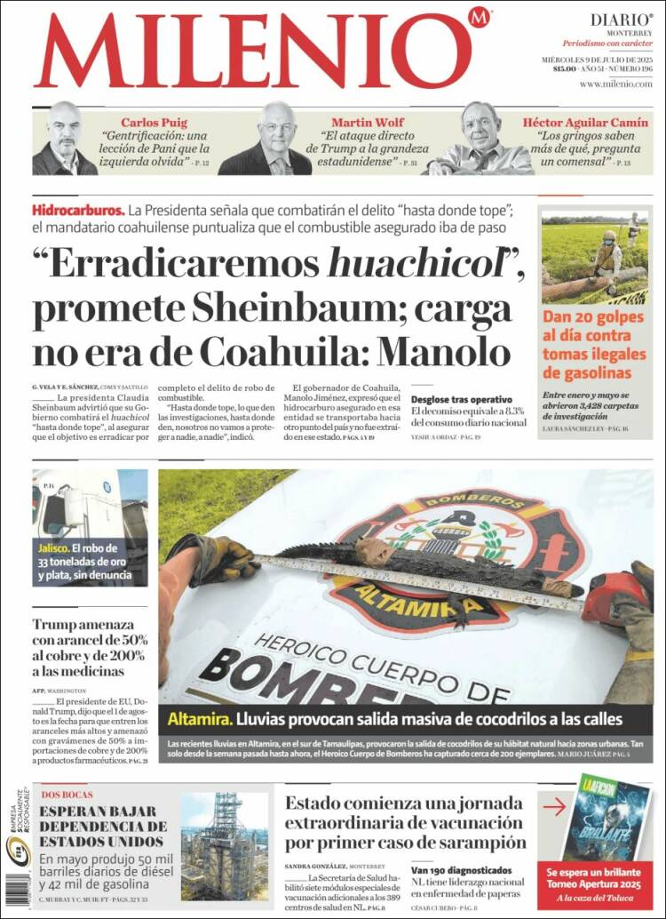Portada de Milenio de Monterrey (México)