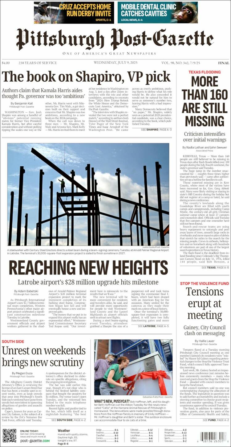 Portada de Pittsburgh Post-Gazette (États-Unis)