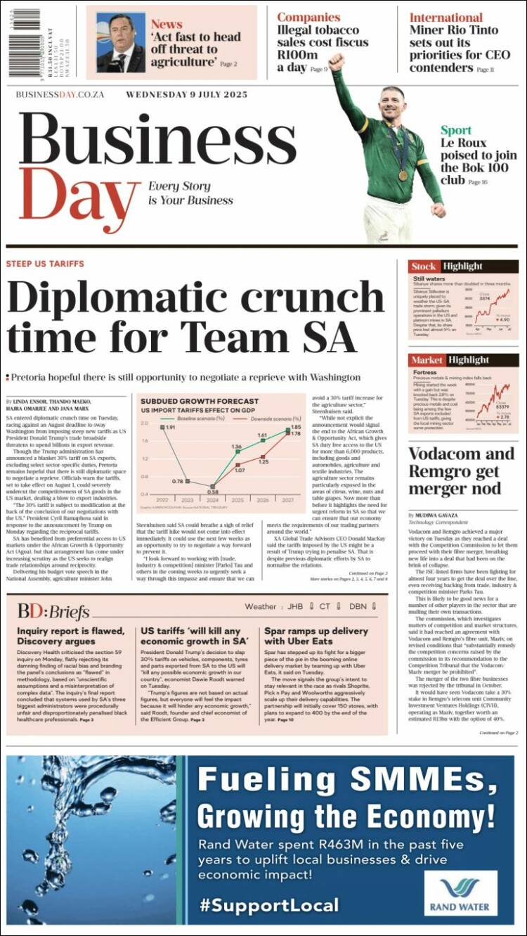 Portada de Business Day (Sudáfrica)