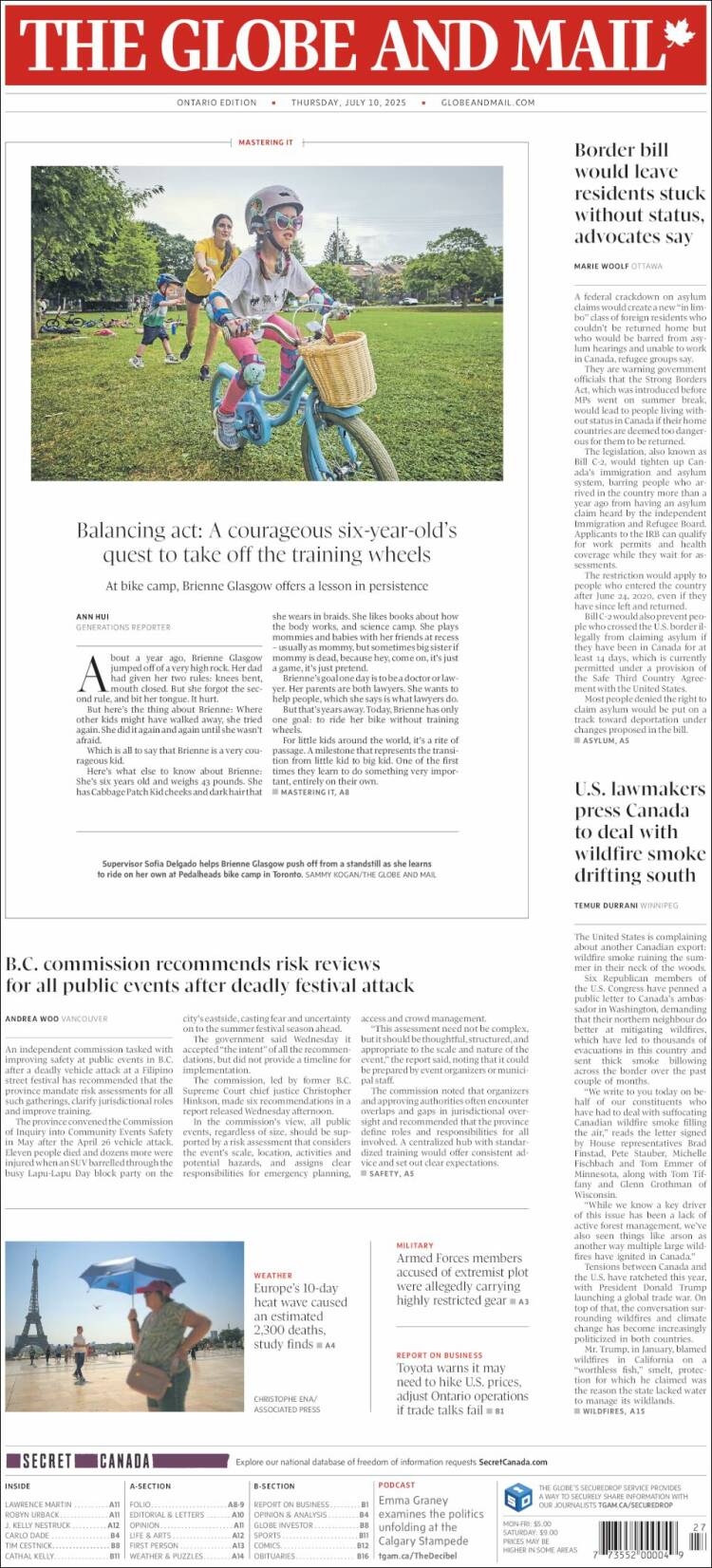 Portada de The Globe and Mail (Canadá)