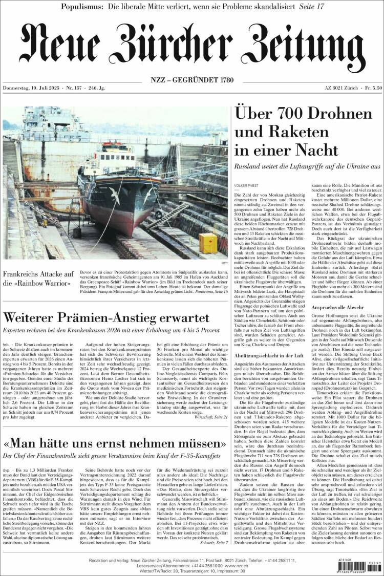 Portada de Neue Zürcher Zeitung (Suiza)