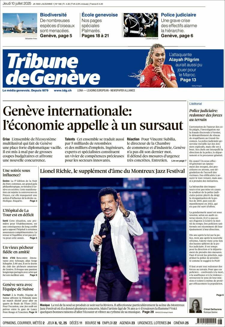 Portada de La Tribune de Genève (Suiza)