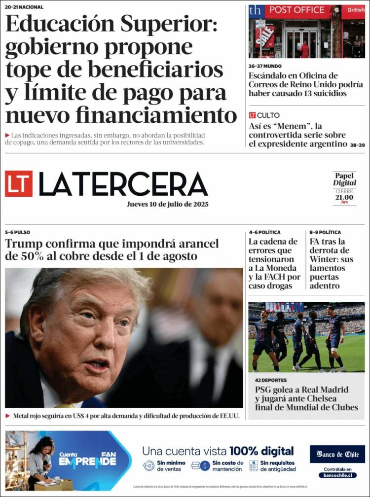 Portada de La Tercera (Chile)