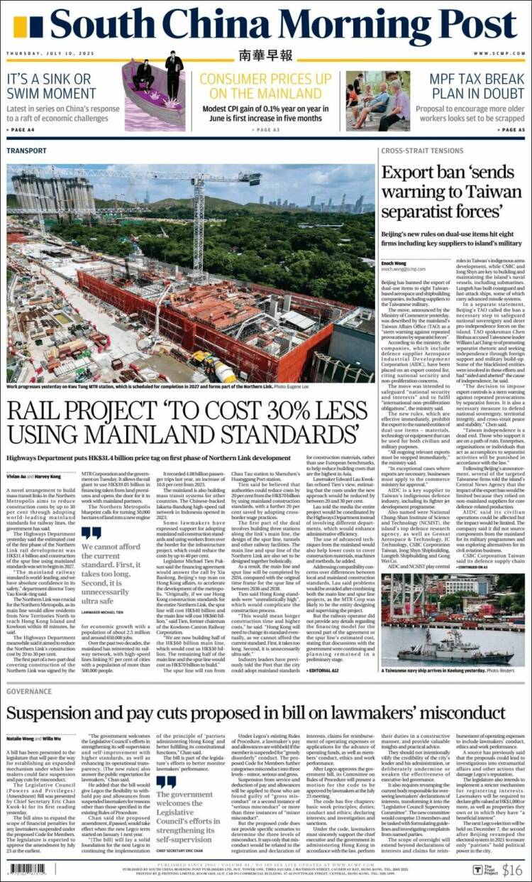 Portada de South China Morning Post (China)