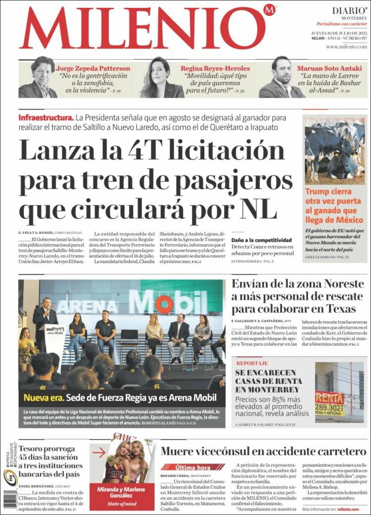 Portada de Milenio de Monterrey (México)