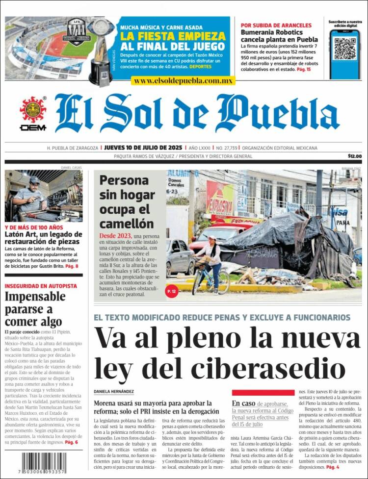 Portada de El Sol de Puebla (México)