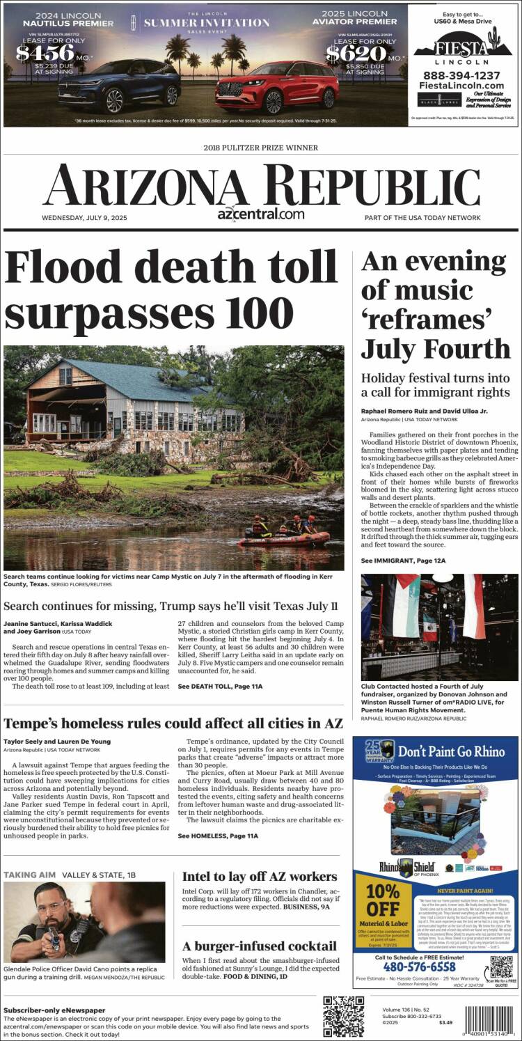 Portada de Arizona Republic News (USA)