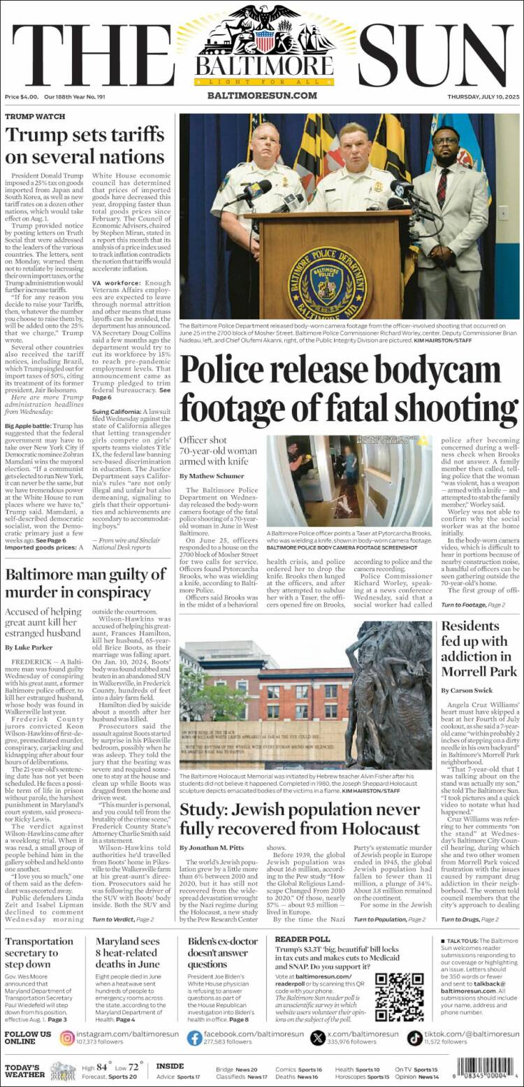 Portada de The Baltimore Sun (USA)