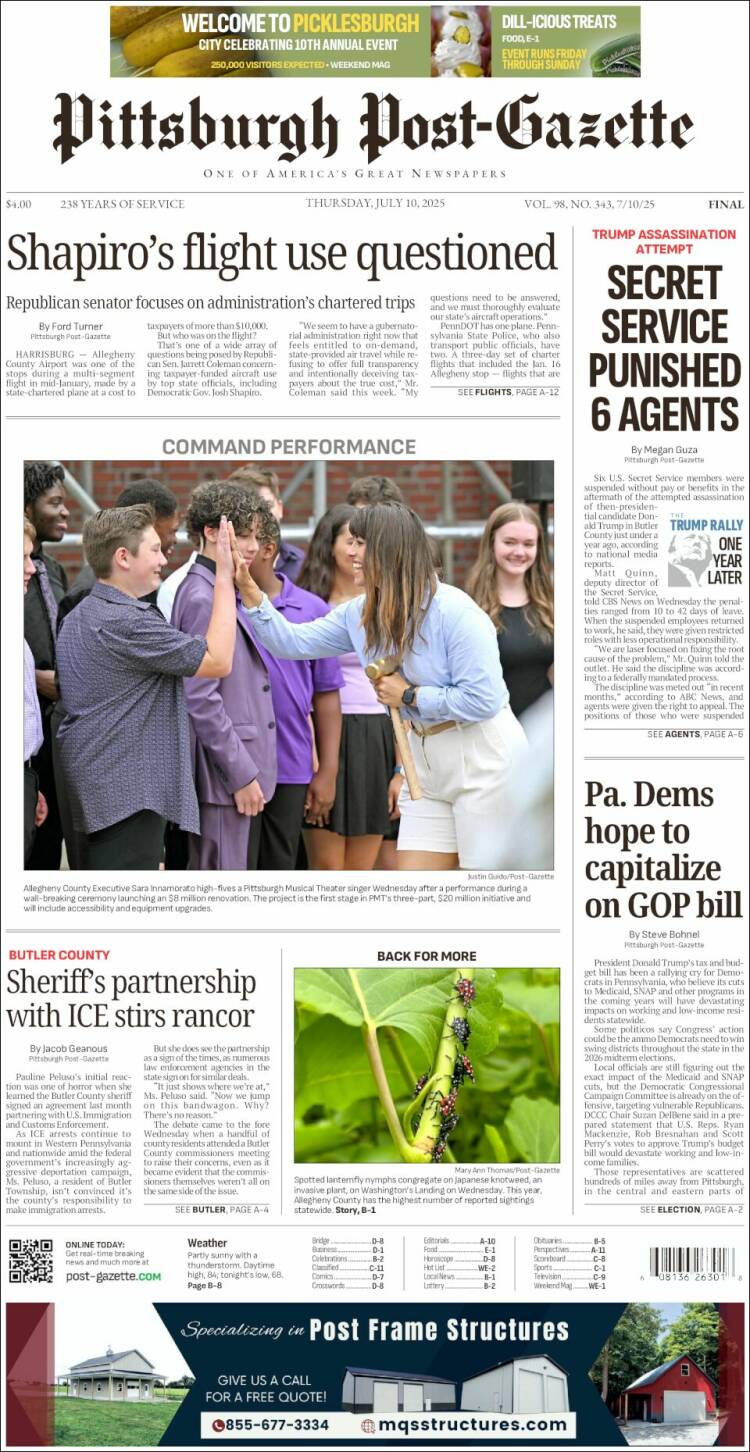 Portada de Pittsburgh Post-Gazette (USA)