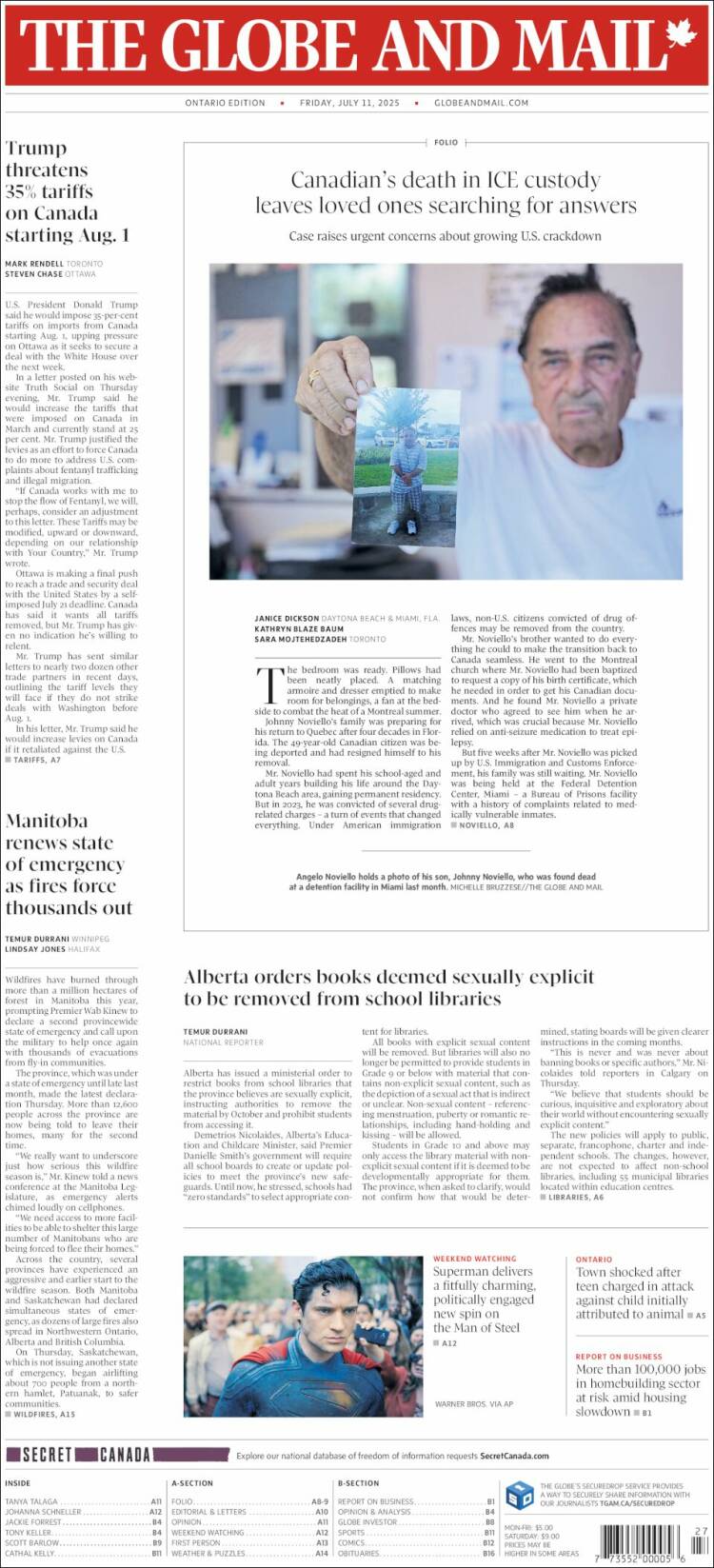 Portada de The Globe and Mail (Canadá)