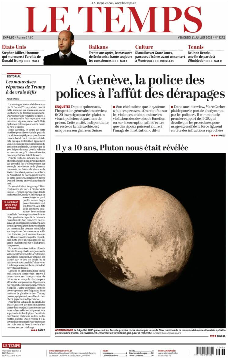Portada de Le Matin (Switzerland)