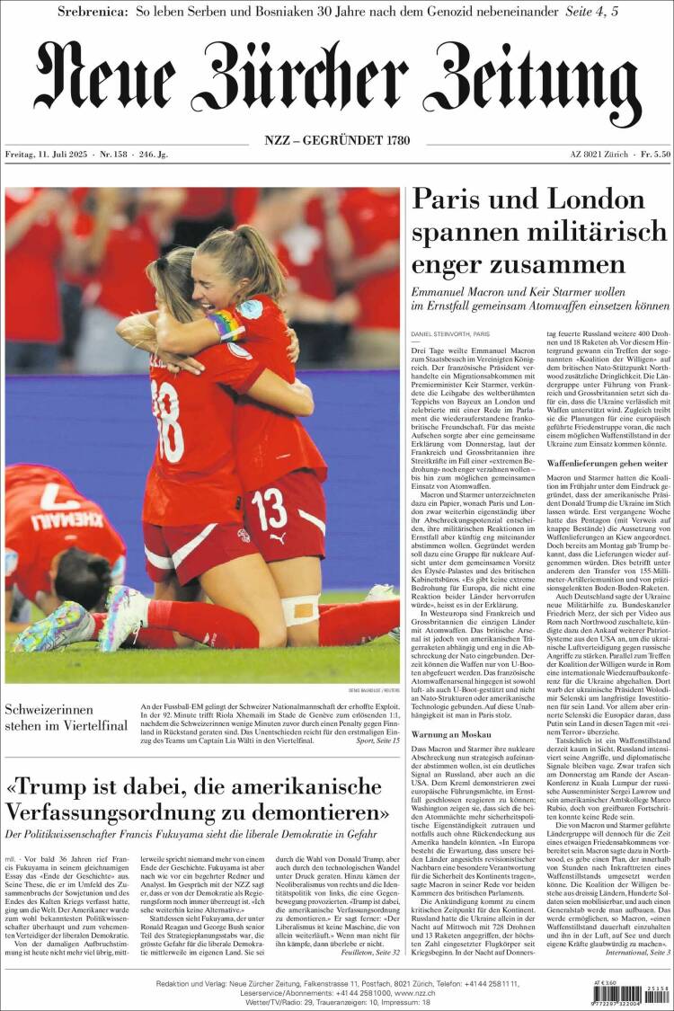Portada de Neue Zürcher Zeitung (Suiza)