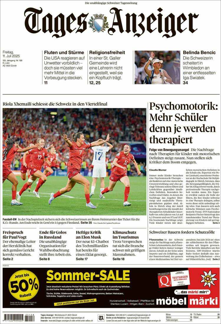 Portada de Tages-Anzeiger (Suiza)