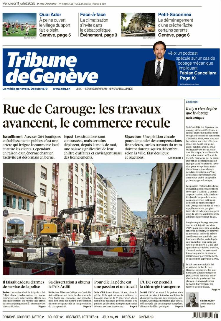 Portada de La Tribune de Genève (Suiza)