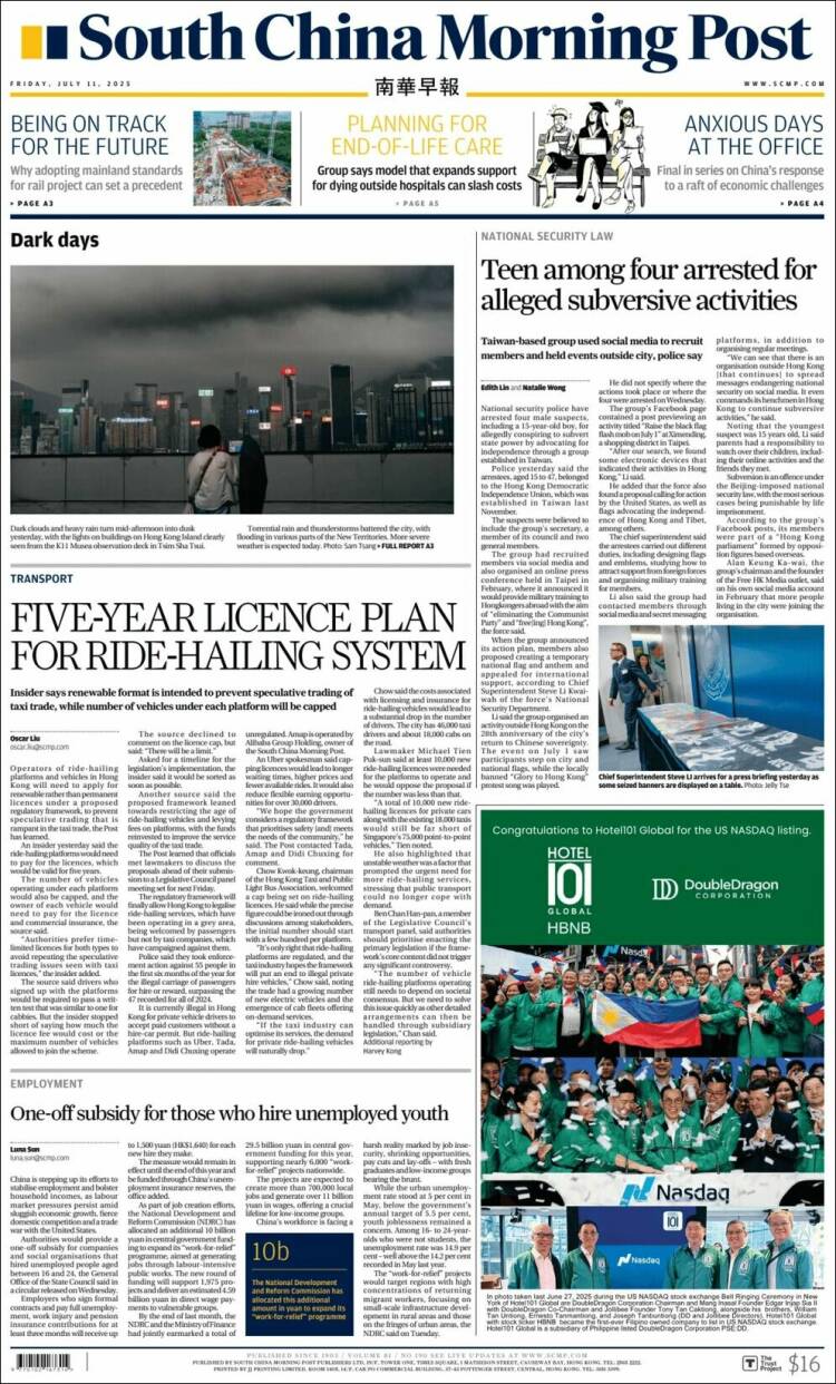 Portada de South China Morning Post (China)