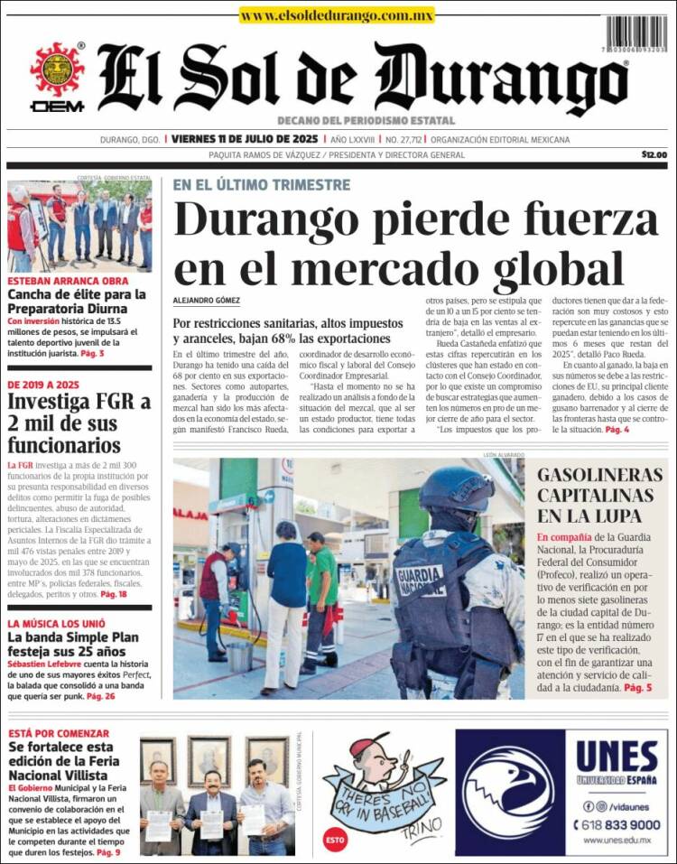 Portada de El Sol de Durango (México)