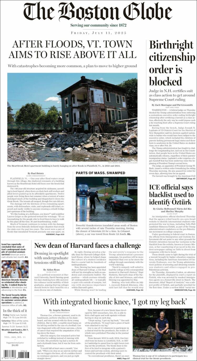Portada de Boston Globe (USA)