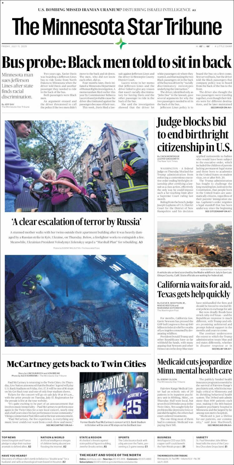 Portada de Star Tribune (USA)