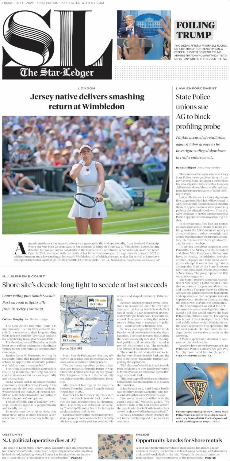 Portada de Star-Ledger (USA)