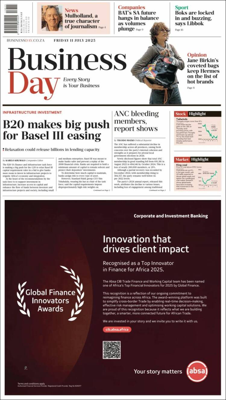 Portada de Business Day (Sudáfrica)