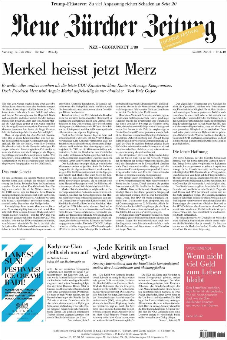 Portada de Neue Zürcher Zeitung (Suiza)