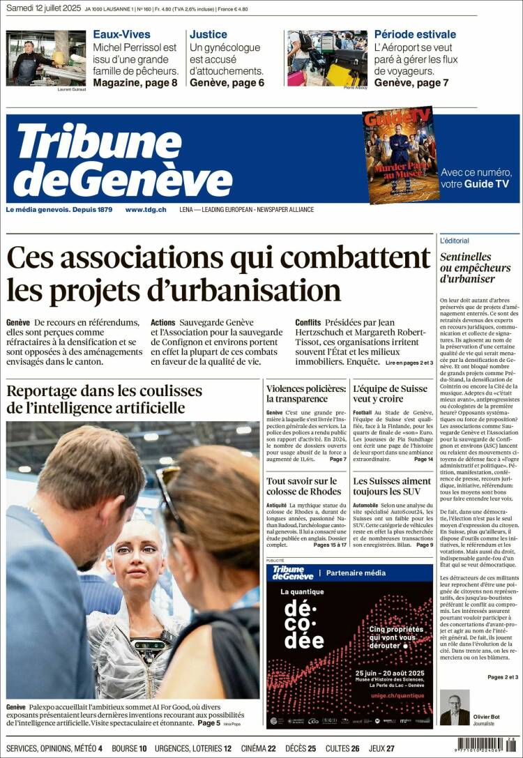 Portada de La Tribune de Genève (Suiza)