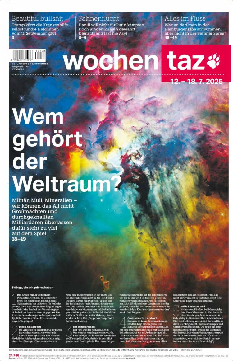 Portada de Die Tageszeitung (Alemania)