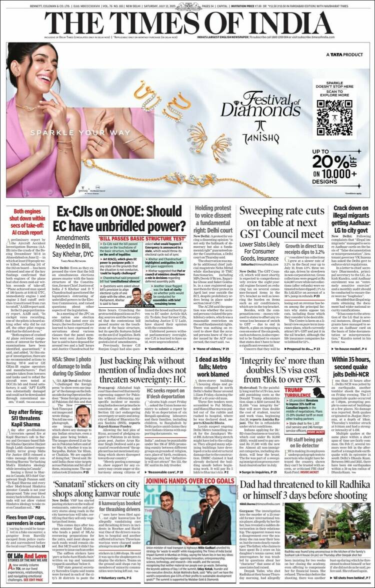Portada de The Times of India (India)