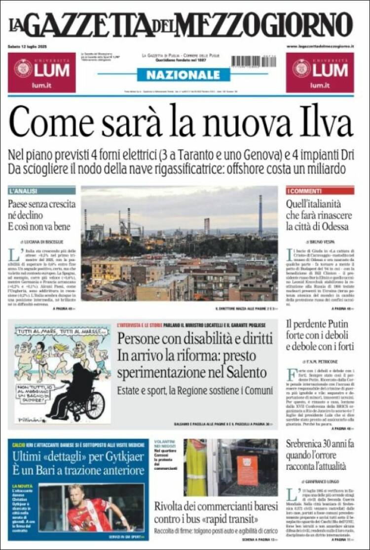 Portada de La Gazzetta del Mezzogiorno (Italia)