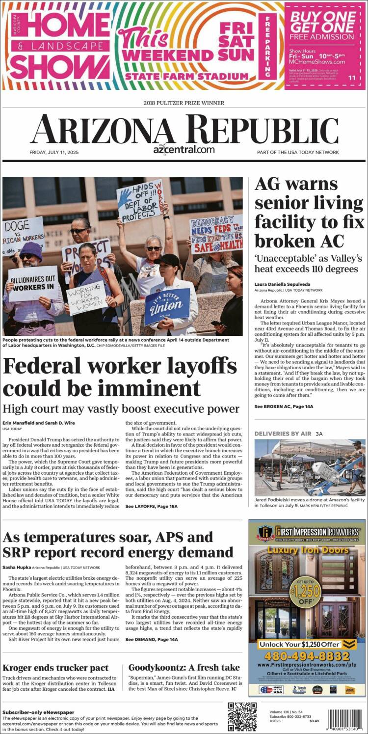 Portada de Arizona Republic News (USA)