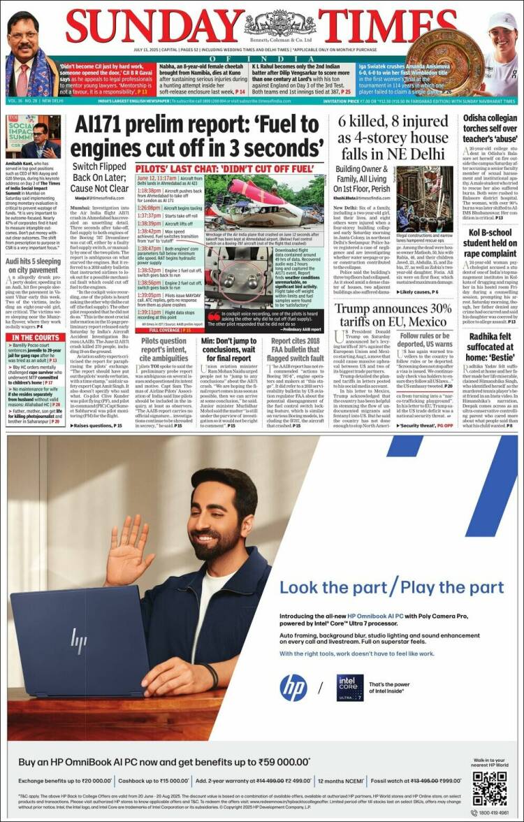 Portada de The Times of India (India)