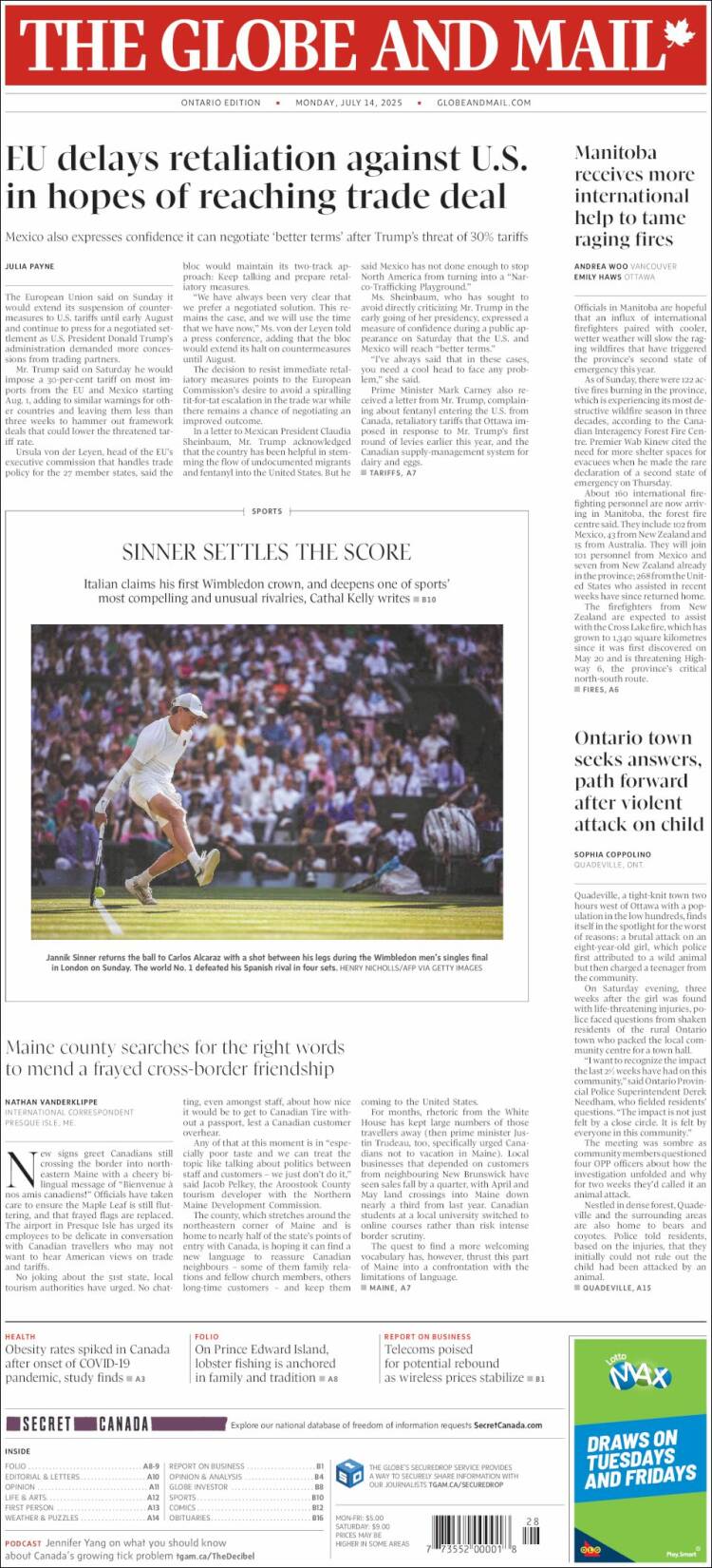 Portada de The Globe and Mail (Canada)