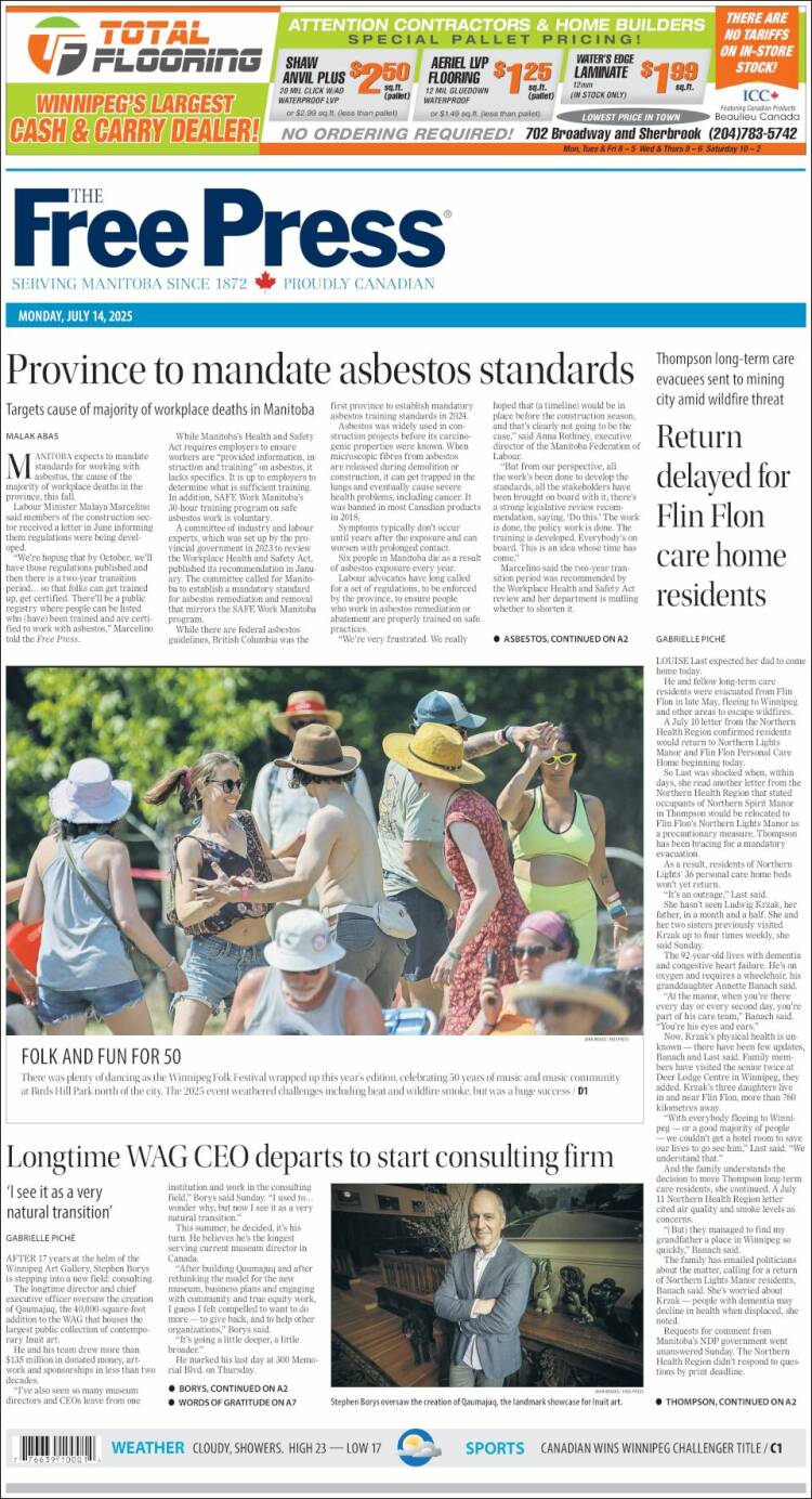 Portada de Winnipeg Free Press (Canada)