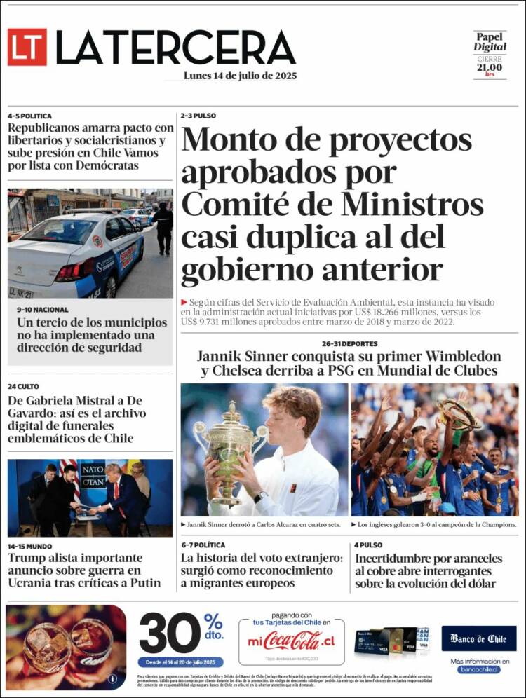 Portada de La Tercera (Chili)