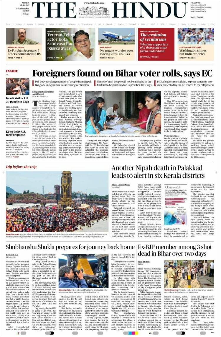 Portada de The Hindu (India)